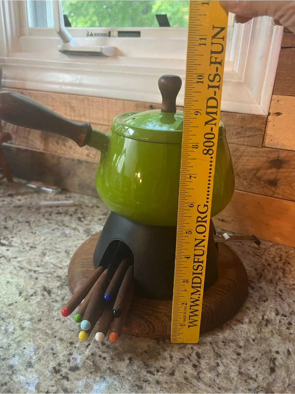 Vintage MCM Green Enamel Fondue Set with Wooden Handles